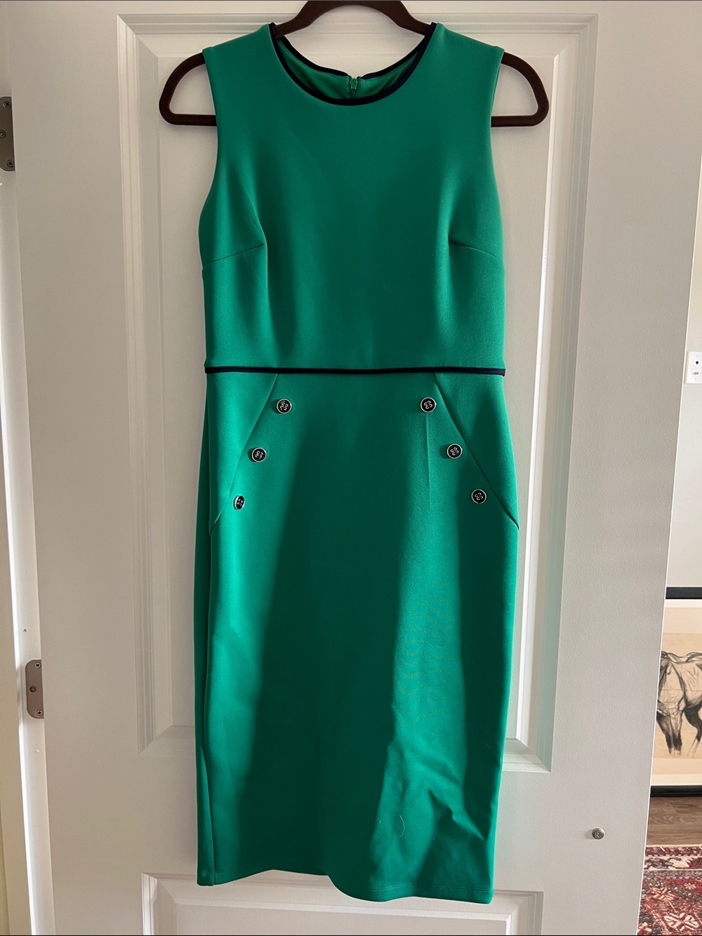 Sleeveless Kelly/Emerald Green Sheath Dress with Button Detail